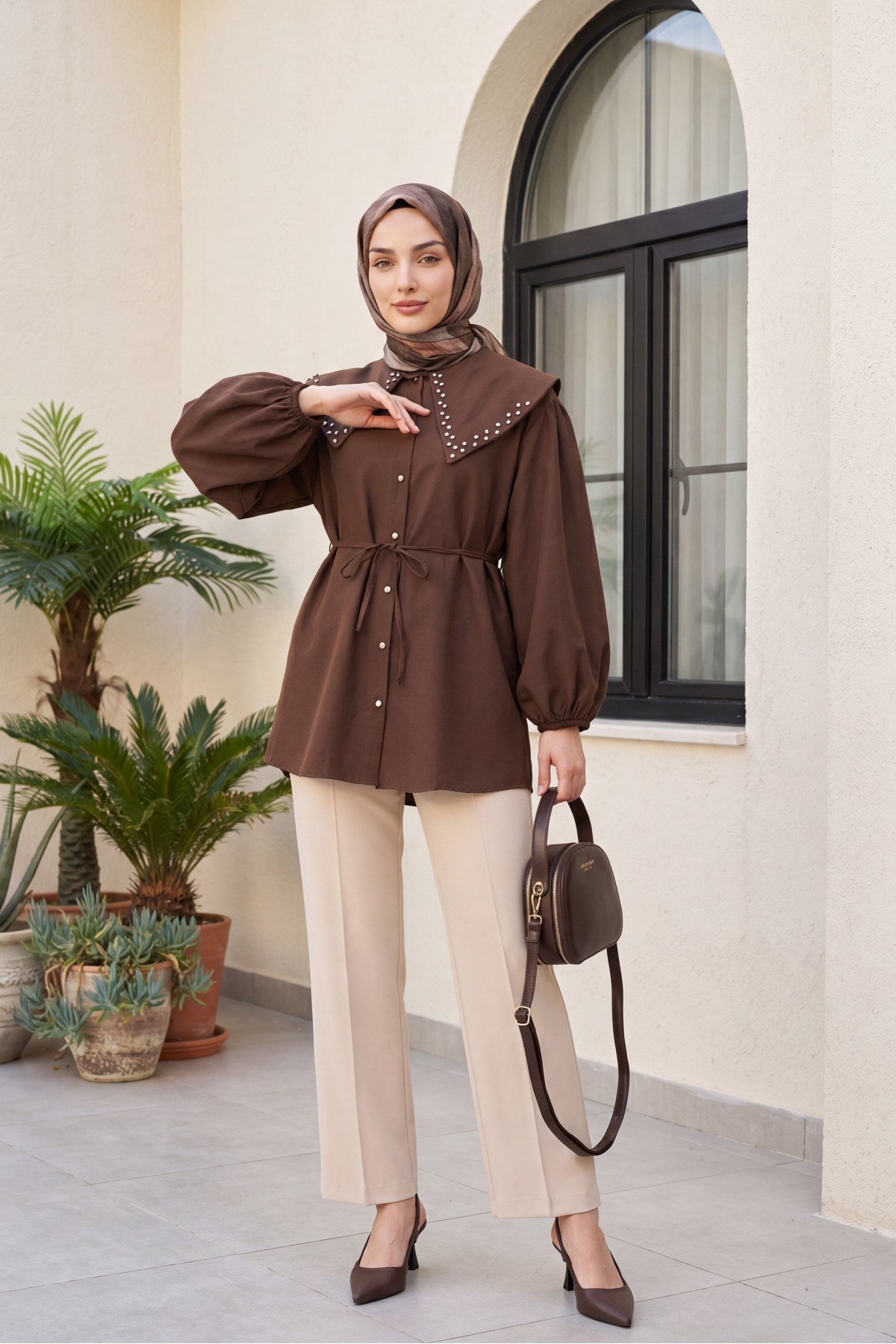 Single Button Front Fold Detail Pocket Trousers - Beige detay görseli