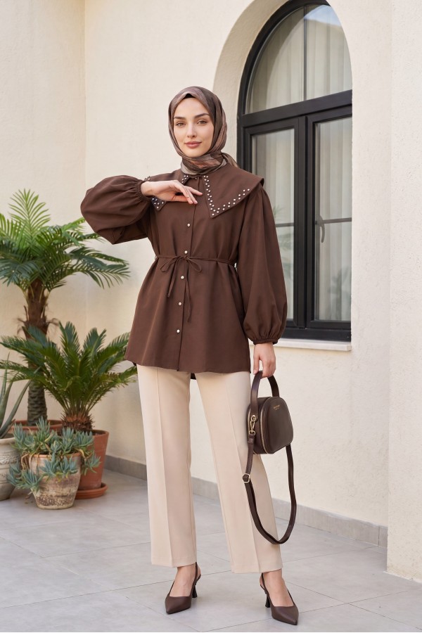 Single Button Front Fold Detail Pocket Trousers - Beige