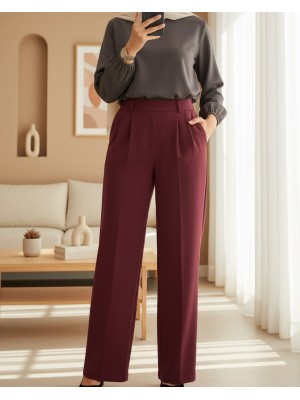 Tek Düğmeli Önü Katlama Detaylı Cepli Pantolon  -Bordo