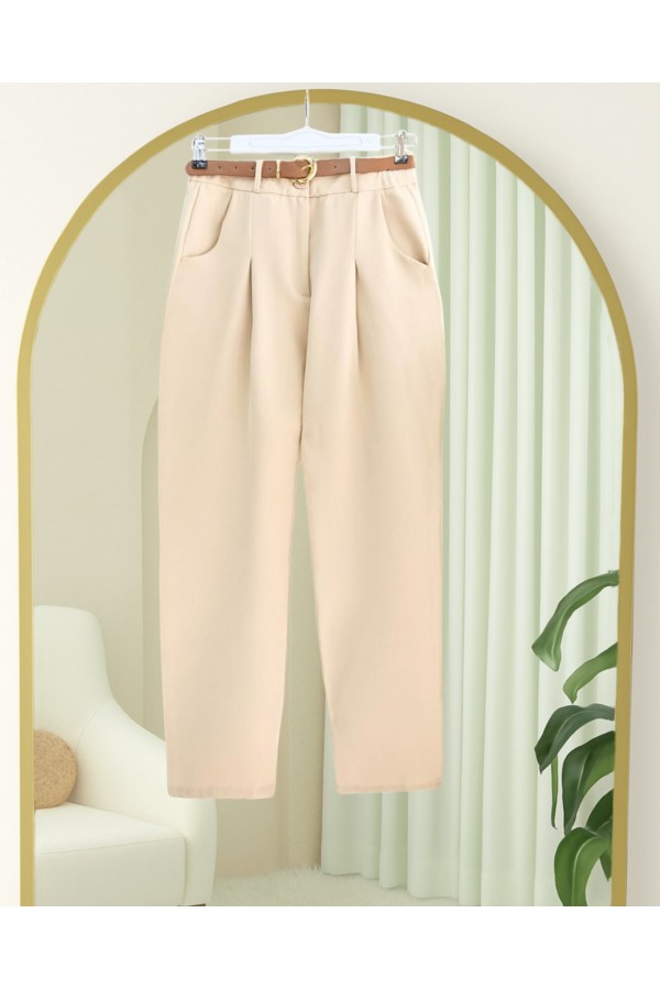 Pleated Pocket Belted Ankle Trousers - Beige