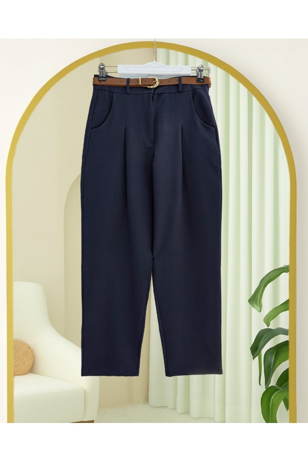 Pleated Pocket Belted Ankle Trousers -Navy blue