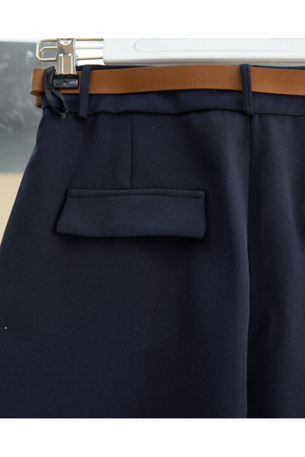 Pleated Pocket Belted Ankle Trousers -Navy blue
