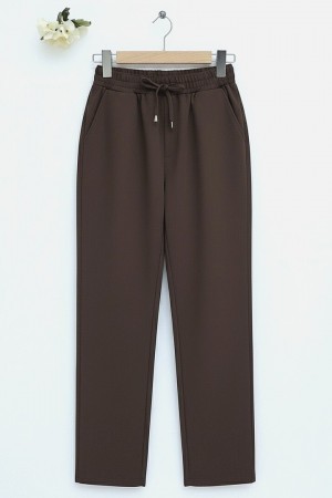 Beli Bağcıklı Dar Paça Pantolon    -Kahve