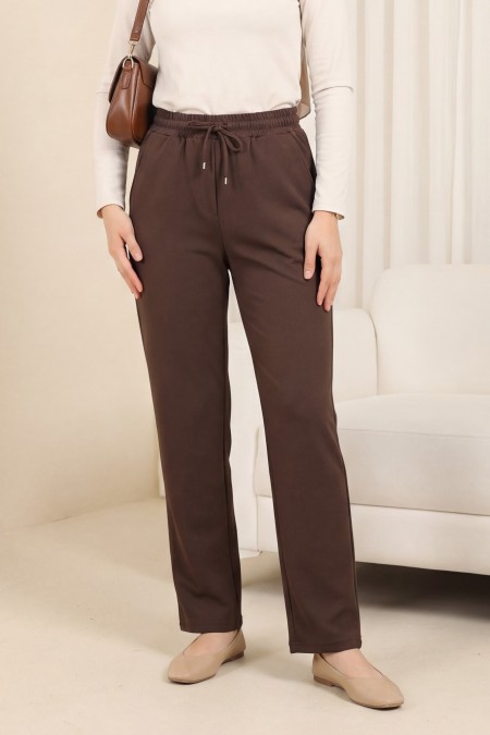 Beli Bağcıklı Dar Paça Pantolon    -Kahverengi