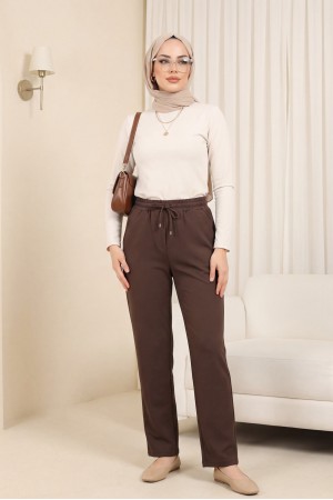 Beli Bağcıklı Dar Paça Pantolon    -Kahve