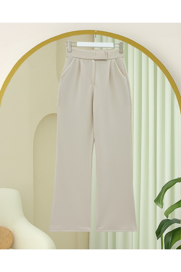 Tube Leg Fabric Trousers with Velcro Waist Detail  - Beige