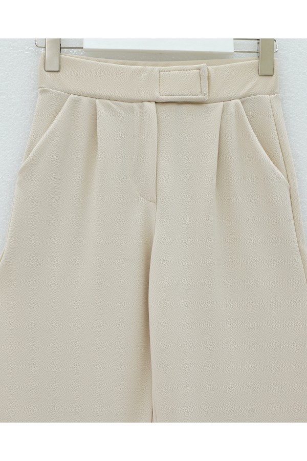 Tube Leg Fabric Trousers with Velcro Waist Detail  - Beige