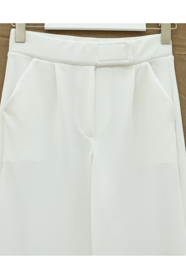 Tube Leg Fabric Trousers with Velcro Waist Detail  -White