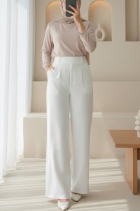 Beli Cırtcırt Detay Boru Paça Kumaş Pantalon  -Beyaz