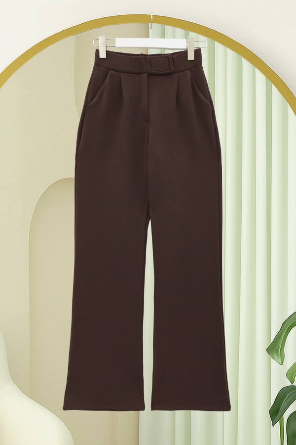 Tube Leg Fabric Trousers with Velcro Waist Detail  -Brown