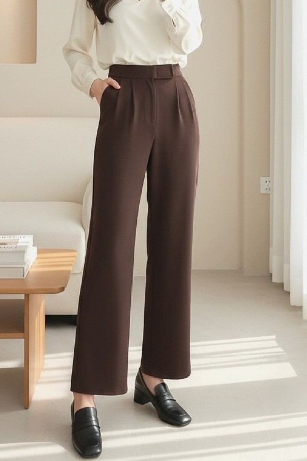Tube Leg Fabric Trousers with Velcro Waist Detail  -Brown
