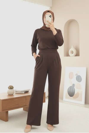 Beli Cırtcırt Detay Boru Paça Kumaş Pantolon  -Kahve