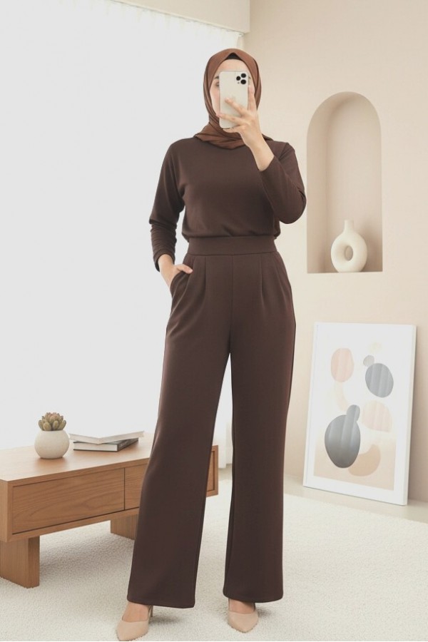 Tube Leg Fabric Trousers with Velcro Waist Detail  -Brown