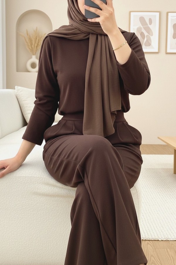 Tube Leg Fabric Trousers with Velcro Waist Detail  -Brown