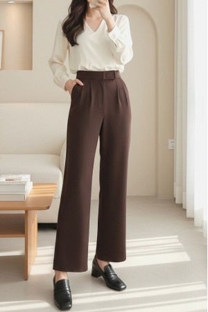 Beli Cırtcırt Detay Boru Paça Kumaş Pantalon  -Kahve