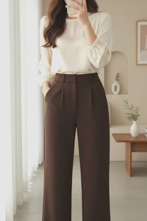 Beli Cırtcırt Detay Boru Paça Kumaş Pantalon  -Kahve