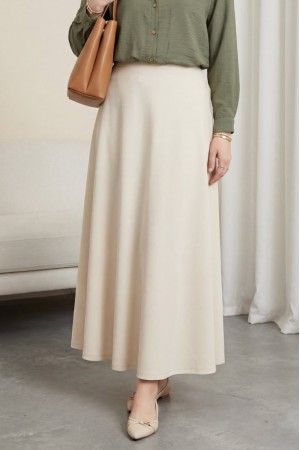 Beli Lastikli İthal Likralı Krep Kloş Etek -Bej