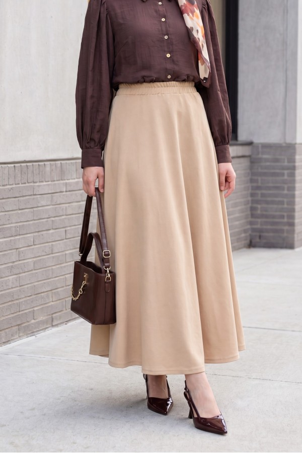 Elasticated Waist Imported Lycra Crepe Flared Skirt - Beige