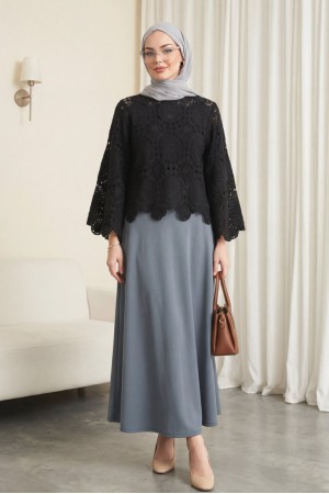 Beli Lastikli İthal Likralı Krep Kloş Etek -Füme