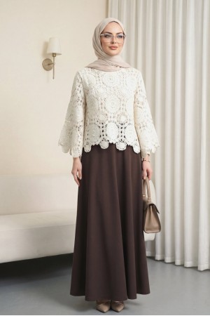 Beli Lastikli İthal Likralı Krep Kloş Etek -K. Kahve