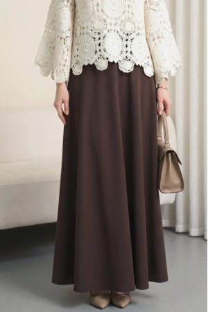 Beli Lastikli İthal Likralı Krep Kloş Etek -K. Kahve