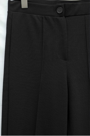 Düğmeli Beli Lastikli Likralı Palazzo Pantolon -Siyah