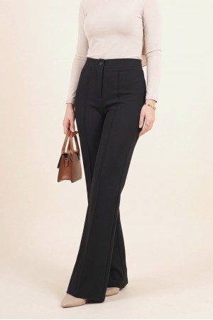 Düğmeli Beli Lastikli Likralı Palazzo Pantolon -Siyah