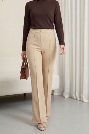 Düğmeli Beli Lastikli Likralı Palazzo Pantolon  -Bej