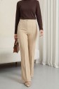 Buttoned, Elastic Waist, Lycra Palazzo Pants - Beige