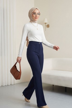 Düğmeli Beli Lastikli Likralı Palazzo Pantolon  -Laci