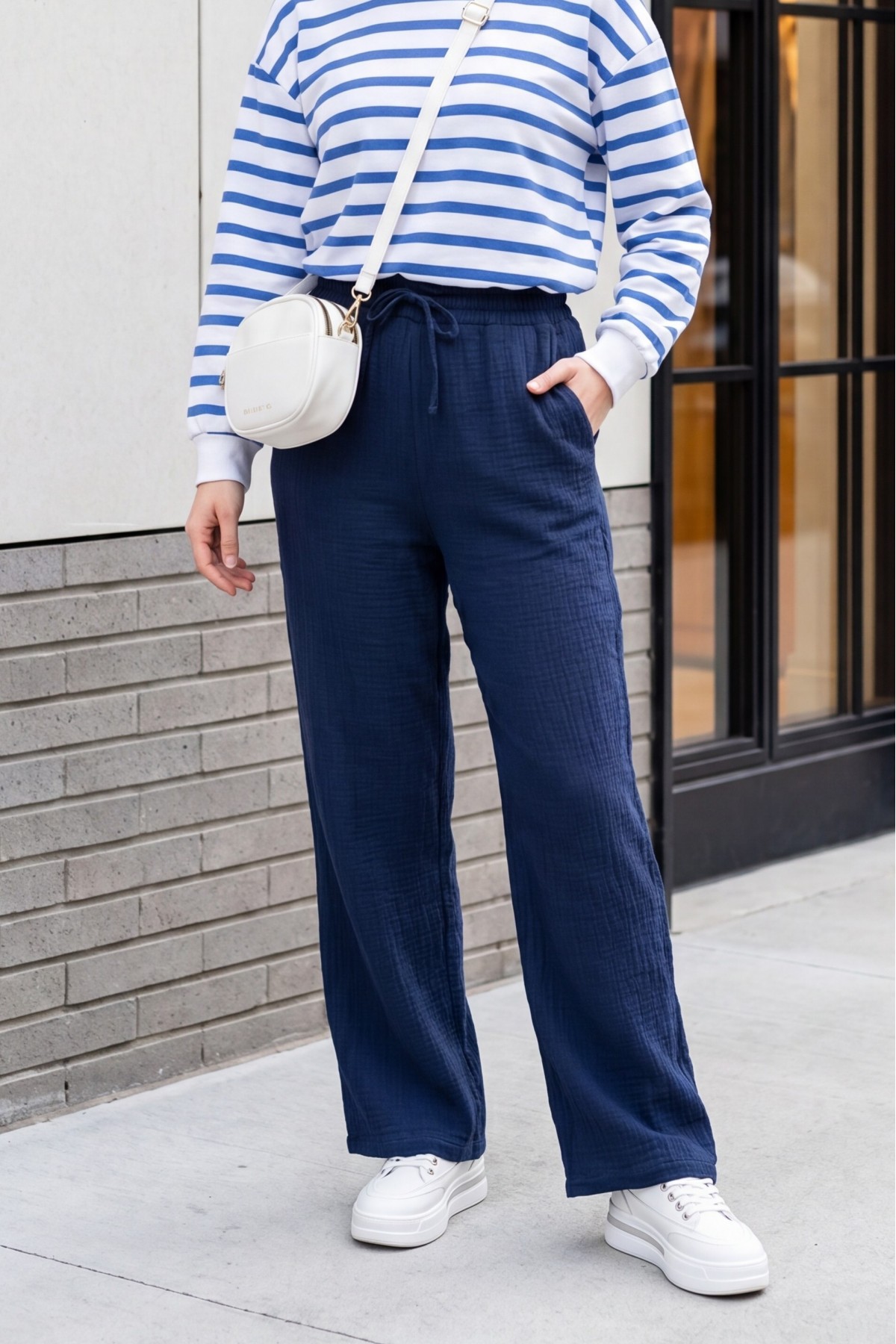Muslin Pants with Drawstring Detail, Pockets, and Elastic Waist -Navy blue