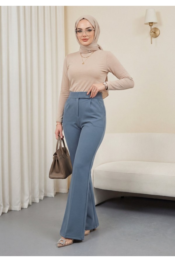 Tube Leg Fabric Trousers with Velcro Waist Detail -Grey