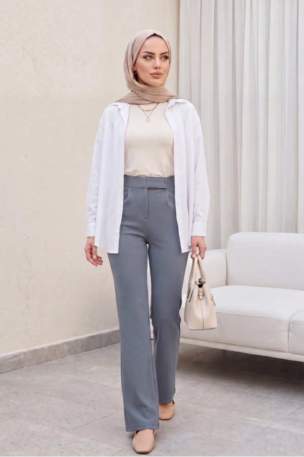 Tube Leg Fabric Trousers with Velcro Waist Detail -Grey
