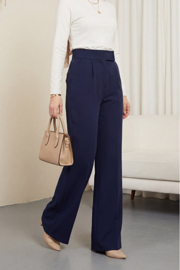 Tube Leg Fabric Trousers with Velcro Waist Detail -Navy blue
