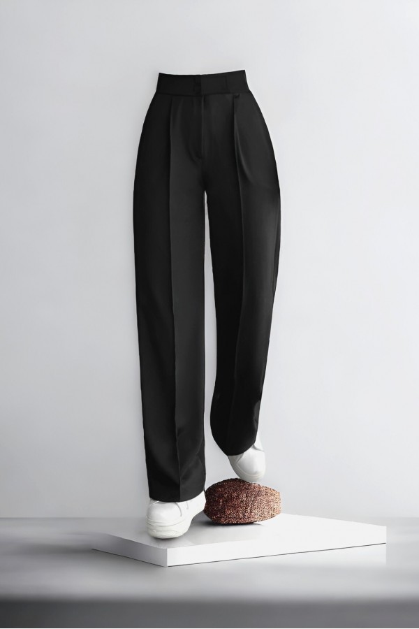 Tube Leg Fabric Trousers with Velcro Waist Detail -Black