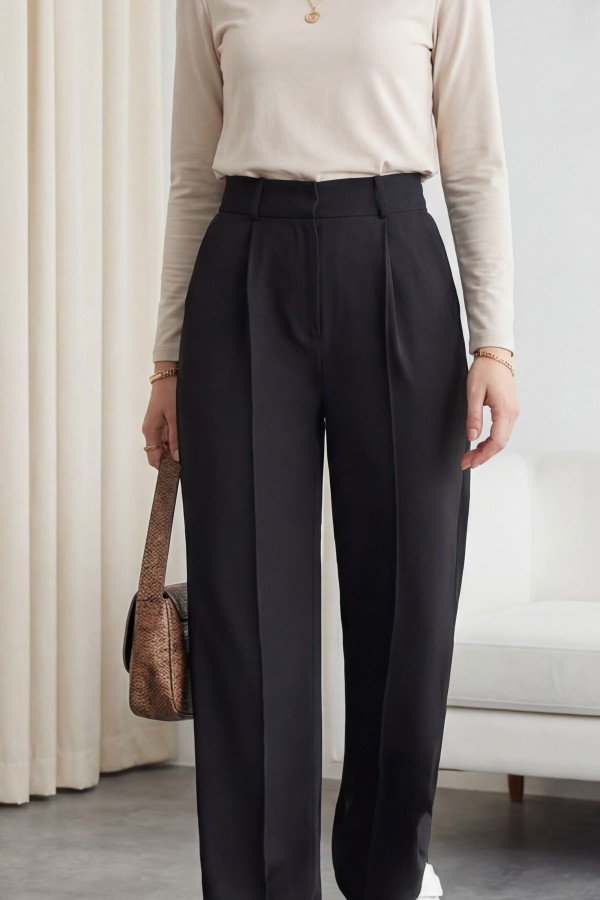 Tube Leg Fabric Trousers with Velcro Waist Detail -Black
