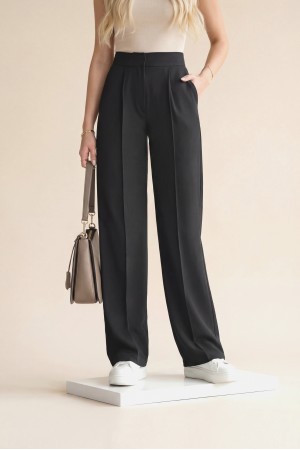 بنطلون قماش بأرجل أنبوبية مع تفاصيل خصر فيلكرو -أسود