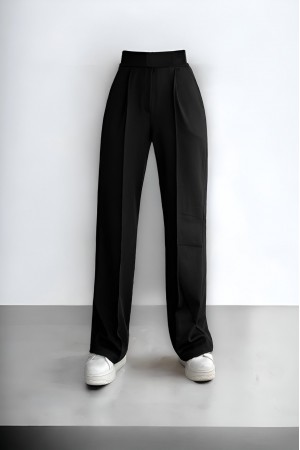 بنطلون قماش بأرجل أنبوبية مع تفاصيل خصر فيلكرو -أسود