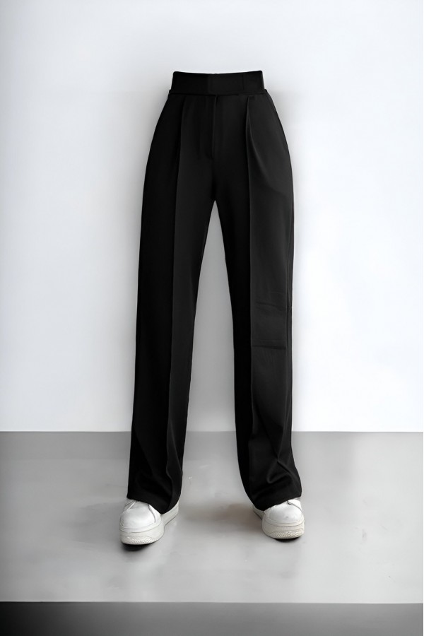 Tube Leg Fabric Trousers with Velcro Waist Detail -Black