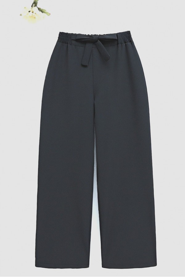 Duble Kumaş Beli Kuşaklı Bol Paça Pantolon -Siyah