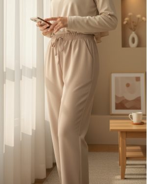 Beli Bağcıklı Dar Paça Pantolon -Bej