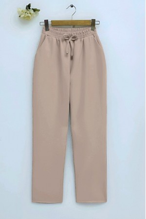 Beli Bağcıklı Dar Paça Pantolon -Bej