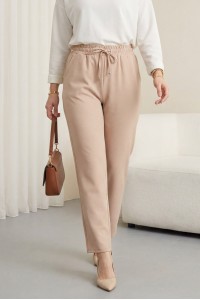 Beli Bağcıklı Dar Paça Pantolon -Bej