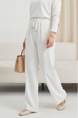 Beli Bağcıklı Dar Paça Pantolon -Beyaz