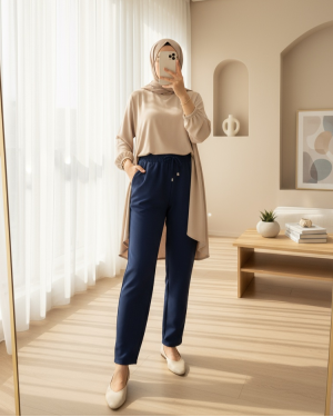 Slim Leg Trousers with Waist Lace -Oil color