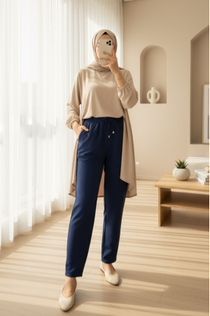 Beli Bağcıklı Dar Paça Pantolon -Petrol