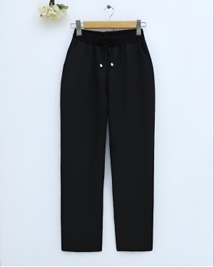Slim Leg Trousers with Waist Lace -Black