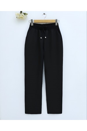 Beli Bağcıklı Dar Paça Pantolon -Siyah