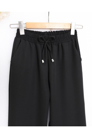 Beli Bağcıklı Dar Paça Pantolon -Siyah