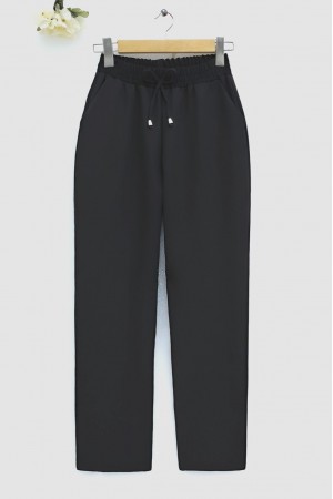 Beli Bağcıklı Dar Paça Pantolon -Siyah